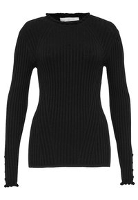 Zwarte geribde trui met lange mouwen, ronde halslijn en decoratieve knoopaccenten op de manchetten. Zachte textuur met een aangesloten ontwerp.