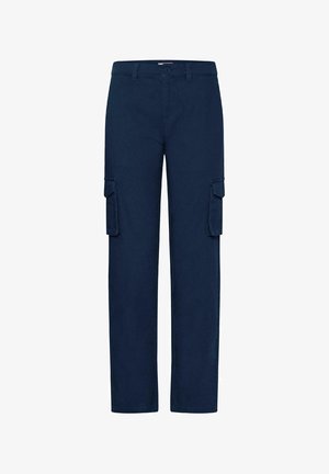 Cargo hlače ravnog kroja tamnoplavih boja s kopčom na gumb i patentni zatvarač, s petljama za remen i džepovima s poklopcem na svakoj butini.