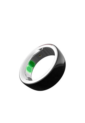 Smart ring with a glossy black body, silver trim, and green LED indicators. Features a round shape and a smooth, reflective surface.