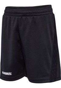 Svarta sportshorts tillverkade av lätt, texturerat tyg med elastisk midja och sidostygn. Har en vit logotyp på vänster ben.