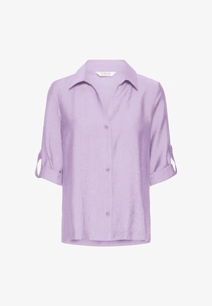 Lavandas krāsas pogas augšdaļa ar apkakli un sarullētām īsām piedurknēm. Izceļas ar teksturētu apdari un smalkiem šuvēm.