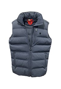 Dunkelgraue Steppweste mit hohem Kragen, Reißverschluss vorne und zwei Reißverschlusstaschen. Mit genähten Paneelen und einem kleinen Emblem auf der Brust.