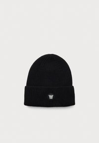 Black ribbed knit beanie with folded cuff and small circular patch featuring white overlapping "W" letters on front center.