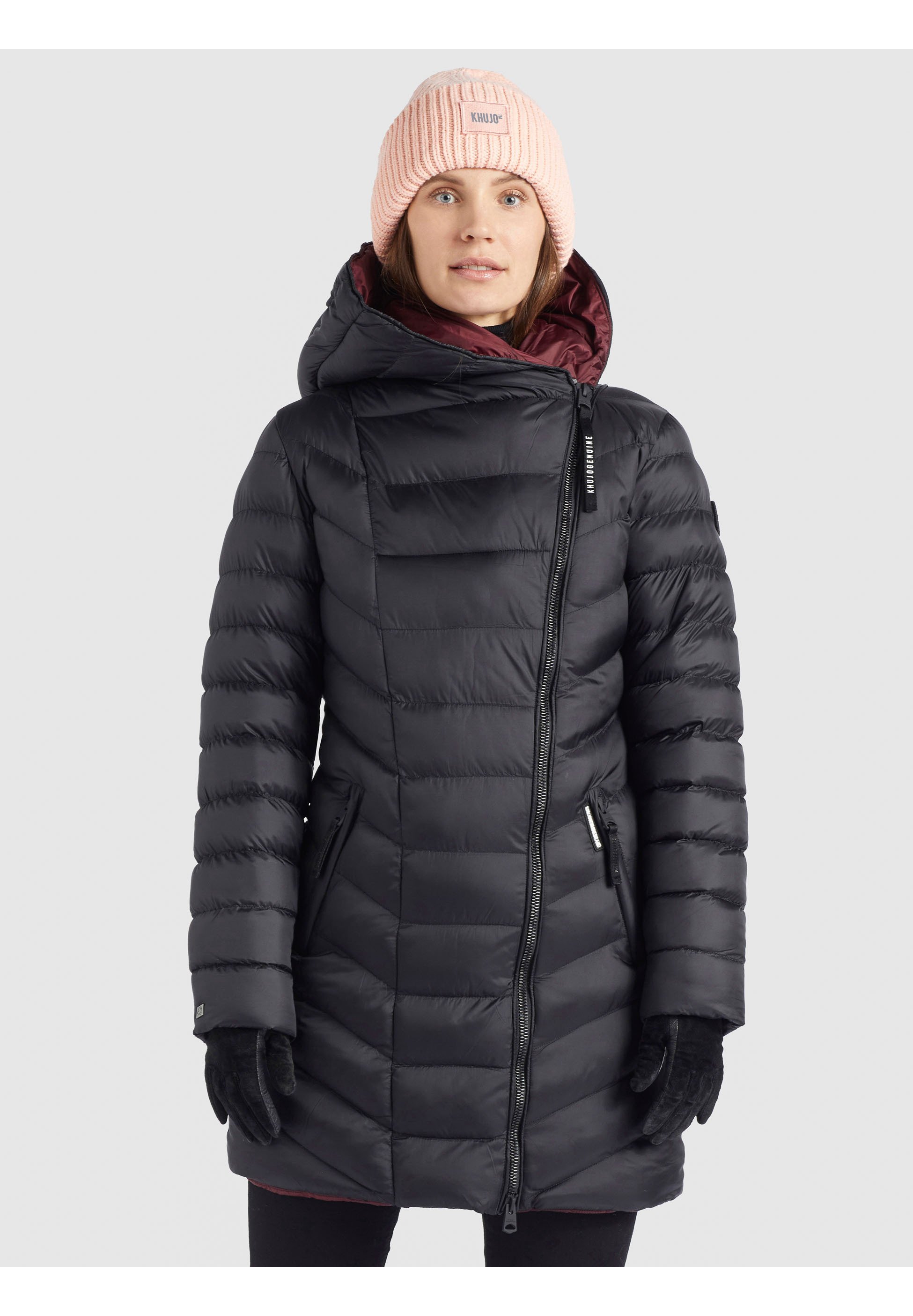 Manteau D'hiver Femme Khujo Elena - Noir, Taille M, Coupe Genoux, Capuche, Ceinture Amovible