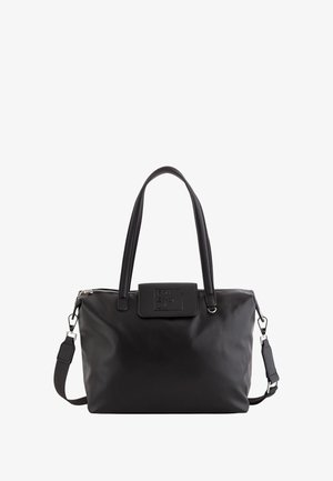 Schwarze Ledertasche mit doppelten Griffen, abnehmbarem Schultergurt, Reißverschluss und einer Vorderklappe, die mit "FRIENDLY" geprägt ist.