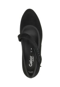 Chaussure plate en suède noir de type Mary Jane avec une sangle réglable, bout rond et semelle intérieure rembourrée portant l'étiquette Gabor confort, taille 5.