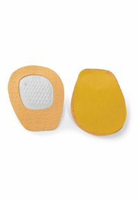 Deux semelles : l'une beige avec une surface texturée et une section blanche respirante ; l'autre est lisse, jaune et à bords arrondis.
