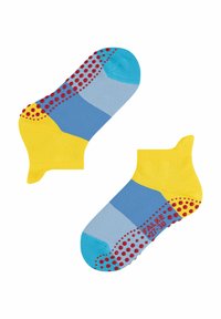 Sneaker-Socken mit gelben, blauen und roten Farbkombinationen und gepunkteten Mustern. Glatte Textur mit verstärkten Fersen und Zehenspitzen.