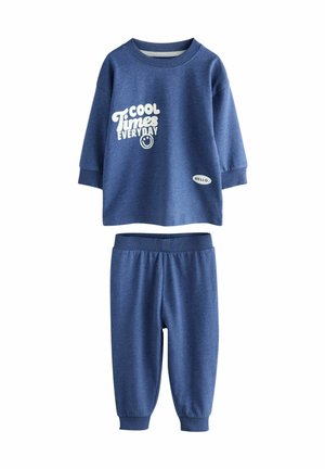 Blue long-sleeve sweatshirt and pants set with "Cool Times Everyday" text and smiley, and a small "Hello." patch on the sweatshirt.