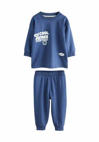 Niebieski zestaw długą rękawem z bluzą i spodniami z napisem "Cool Times Everyday" oraz uśmiechniętą buźką, z małą łatką "Hello." na bluzie.