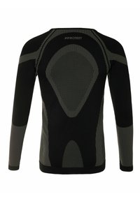 Langärmliges Basic-Layer-Shirt in Schwarz mit grauen geometrischen Mustern und gestreiften Akzenten. Verfügt über einen Rundhalsausschnitt und ein tailliertes Design.