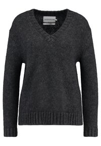 Dunkelgrauer V-Ausschnitt-Pullover mit langen Ärmeln, einem gerippten Saum und einem weichen, strukturierten Stoff. Mit einem eingestickten Etikett am Ausschnitt.