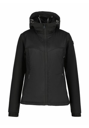 Svart isolerad jacka med huva, med dragkedjestängning, två sidofickor och texturerade manschetter. Slät yta med sömnadsdetaljer.