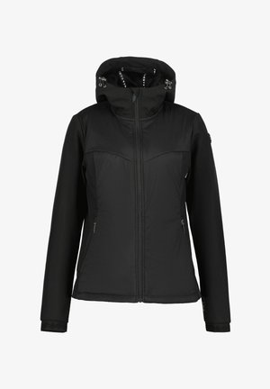 Sort isoleret jakke med hætte, featuring en lynlås lukning, to sidelommer og teksturerede mansjetter. Glat yderside med syet detaljer.