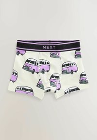 Boxers pour hommes avec une base blanche, arborant un motif répétitif de vans roses. Ceinture élastique noire avec un marquage "NEXT" en violet.
