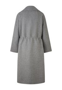 Grå uldfrakke med løs pasform, bred krave og snøre i taljen, med lange ærmer og knælængde.