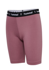 Hummel heren compressiekorte broeken in een mauve kleur met een zwarte tailleband met het merkembleem. Gladde, rekbare stof met platte naden.