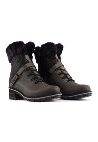 Scarpe da trekking grigio scuro con tomaia nera trapuntata, collo in pelliccia sintetica, dettagli metallici, chiusura con lacci e suola robusta per una buona aderenza.