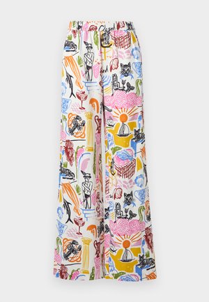 Pantaloni cu talie largă din material ușor, având un model colorat, desenat manual, cu diverse motive pe un fundal alb. Talie elastică.