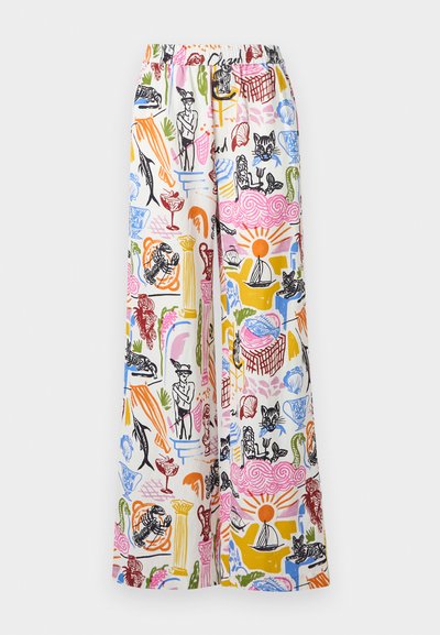 Pantalon à jambes larges en tissu léger, présentant un motif coloré et dessiné à la main avec divers motifs sur un fond blanc. Taille élastique.