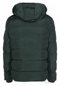 Tmavě zelená péřová bunda s kapucí, s prošívaným designem, elastickými manžetami a stahovací šňůrkou na spodním lemu pro nastavitelnou velikost.