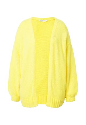 Gelbe gestrickte Strickjacke mit offener Vorderseite, lockerer Passform und gerippten Bündchen. Die Textur ist dick und hat ein weiches, leichtes Aussehen.