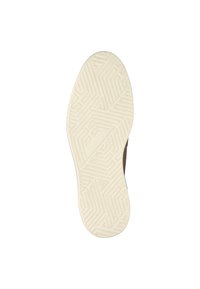 Schoenzool met een geometrisch patroon; getextureerd wit rubber met een crèmekleur, afgeronde vorm en uitgesproken profiel voor grip.