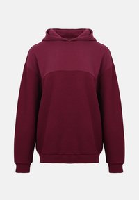 Sweat à capuche bordeaux en tissu texturé avec un design à panneaux unis. Comprend des manches longues et une coupe décontractée. Poignets et ourlet renforcés.
