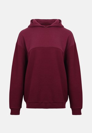 Hanorac bordo cu glugă, dintr-un material texturat, cu un design cu panouri solide. Are mâneci lungi și un croi lejer. Manșetele și tivul sunt întărite.