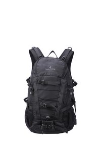 Schwarzer 25L-Rucksack mit strukturiertem Finish, mehreren verstellbaren Riemen, Netz-Seitentaschen und einem auffälligen Logo auf der Vorderseite.