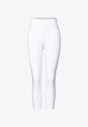 Witte leggings met een gladde textuur, hoge tailleband en verkorte lengte, ontworpen voor een aansluitende look zonder zichtbare patronen of accenten.