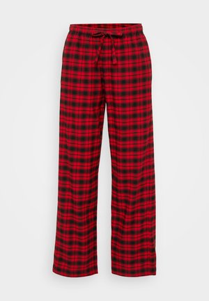 Red and black plaid pajama pants with a drawstring waist, wide-leg design, and soft fabric texture. Pattern features a checked design.