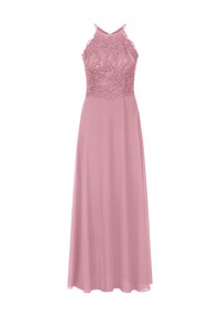 Langes pinkes Kleid mit einem bestickten, spitzen Oberteil und dünnen Trägern. Der Rock ist glatt und fließend, was eine elegante Silhouette schafft.