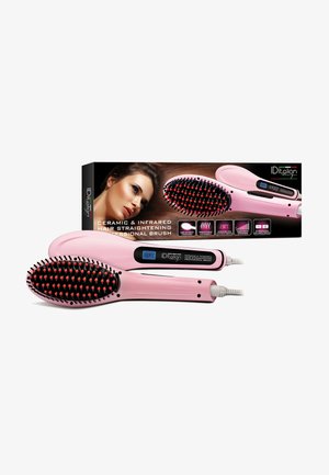 Brosse à cheveux lissante en céramique et infrarouge de couleur rose avec des poils noirs, dotée d'un écran numérique de température et d'un design de poignée ergonomique.