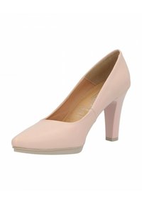 Zapato de tacón alto rosa claro, hecho de material sintético suave. Presenta una puntera afilada y un tacón grueso con una base texturizada.