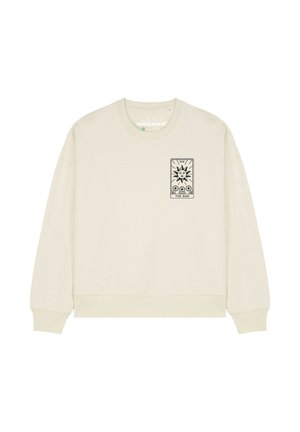 Crèmekleurige sweatshirt met een ronde hals. Voorzien van een zwarte grafische afbeelding van een zon en bloemen aan de voorkant. Gemaakt van zachte stof met geribbelde manchetten.