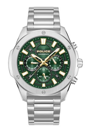 Ruostumattomasta teräksestä valmistettu kronografi-kello, jossa on vihreä kellotaulu, kultaiset yksityiskohdat, kolme alitaulua ja hopeanvärinen metalliranneke. Kellonaika 10:08:37.