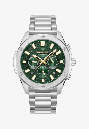 Zegarek chronograf ze stali nierdzewnej z zieloną tarczą, złotymi akcentami, trzema subtarczami i srebrną metalową bransoletą. Czas 10:08:37.