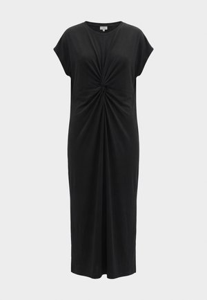Robe midi noire à manches courtes avec un nœud torsadé central créant de doux drapés à l’avant.