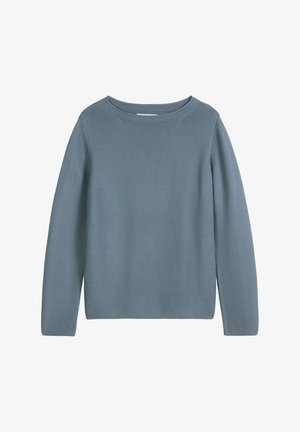 Light blue knit sweater featuring a crew neckline, long sleeves, and a textured pattern. The hem and cuffs are neatly finished.
