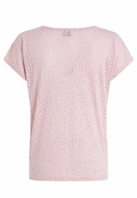 T-shirt à imprimé léopard rose, manches courtes, col rond, tissu doux, coupe décontractée, légère brillance sur la surface texturée.