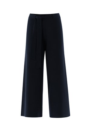 Wide-leg pants in dark navy fabric featuring a tie waistband, smooth texture, and a loose, flowing design.