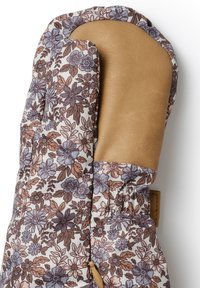 Blommönstrade vantar i en ljus färg med bruna och blå blommor, kombinerade med en tanfärgad läderhandflata och manschett.