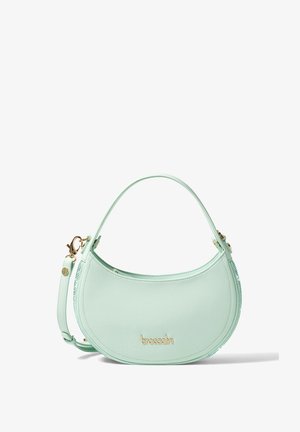 Mint green leather crescent-shaped handbag with top handle, detachable shoulder strap, gold-tone hardware, and "braccialini" logo on front.