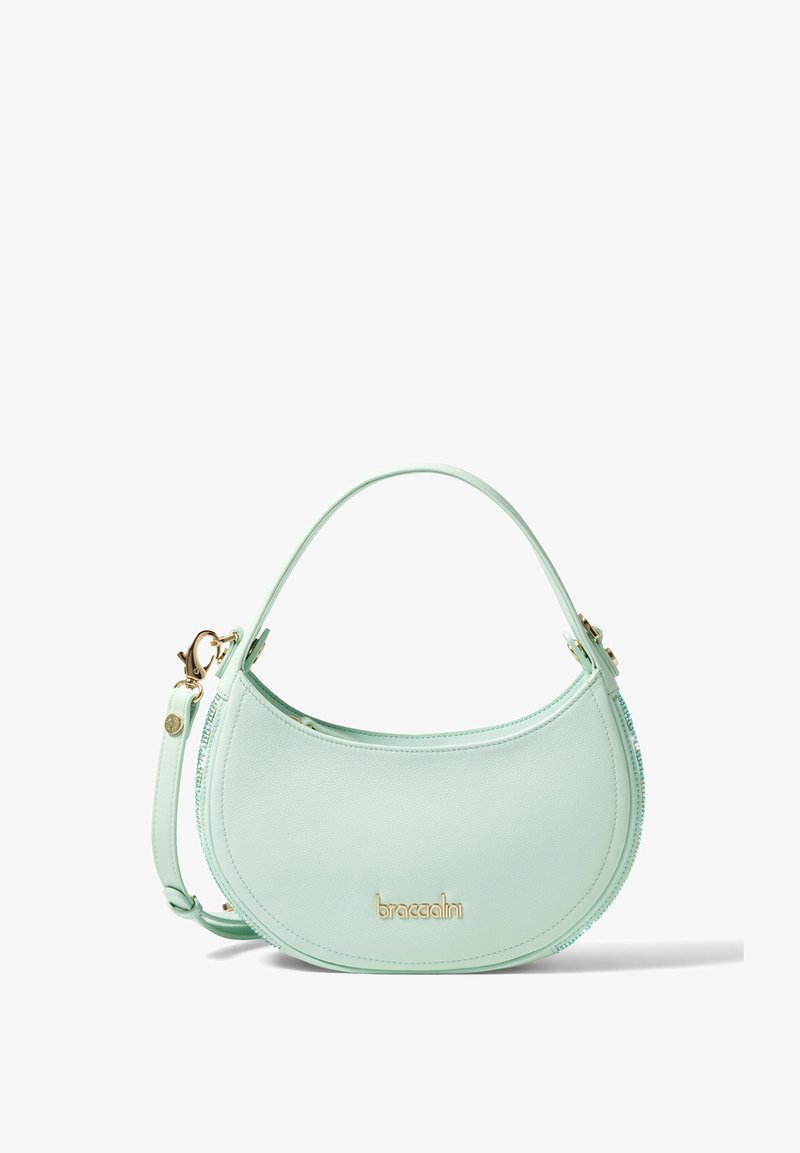 Mint green leather crescent-shaped handbag with top handle, detachable shoulder strap, gold-tone hardware, and "braccialini" logo on front.