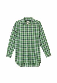 Green plaid button-up shirt with long sleeves, featuring varying shades of green, white, and blue in a checkered pattern and a curved hem.