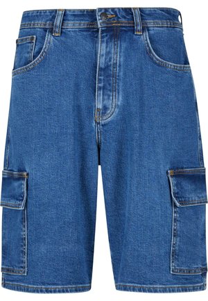 Blå denim cargo shorts med flere sidelommer, syede sømme og lige pasform. Har et klassisk talje-design for komfort.