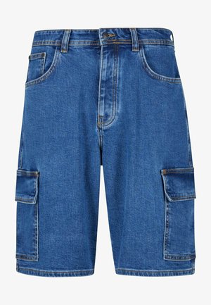 Blå denim cargo shorts med flere sidelommer, syede sømme og lige pasform. Har et klassisk talje-design for komfort.