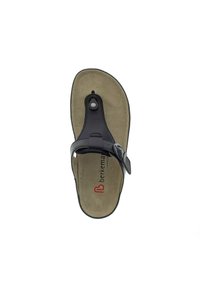 Black leather thong sandal with a textured brown footbed, featuring a button detail and brand logo printed in red.