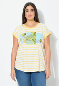 Kelta-valkoinen raidoitettu t-paita lyhyillä hihoilla, jossa on suorakulmainen graafinen printti, joka esittää maisemia ja esineitä eloisissa väreissä.